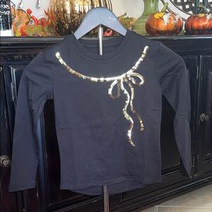 Girls Long Sleeve Black Top with Sequin Gold Bow Design